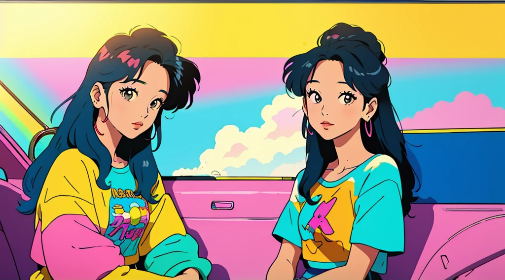 masterpiece, Highest quality, Rainbow Style, anime, Beautiful Asian Girl, K-Pop aesthetics and style, Sitting in a car, 80s American hippie style, Along the Hawaiian Coast, Cute and dreamy,anime,Illustrator,LOFI Girl,
