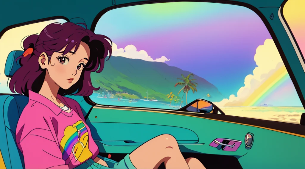 masterpiece, Highest quality, Rainbow Style, anime, Beautiful Asian Girl, K-Pop aesthetics and style, Sitting in a car, 80s American hippie style, Along the Hawaiian Coast, Cute and dreamy,anime,Illustrator,LOFI Girl,