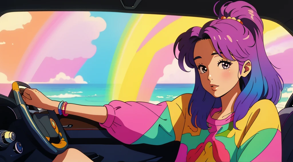 masterpiece, Highest quality, Rainbow Style, anime, Beautiful Asian Girl, K-Pop aesthetics and style, Sitting in a car, 80s American hippie style, Along the Hawaiian Coast, Cute and dreamy,anime,Illustrator,LOFI Girl,
