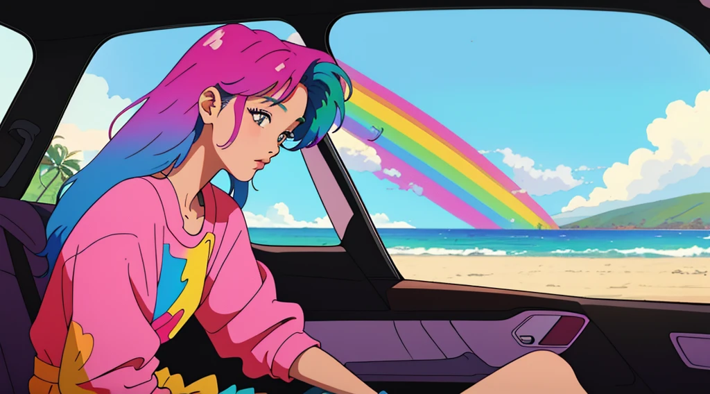 masterpiece, Highest quality, Rainbow Style, anime, Beautiful Asian Girl, K-Pop aesthetics and style, Sitting in a car, 80s American hippie style, Along the Hawaiian Coast, Cute and dreamy,anime,Illustrator,LOFI Girl,