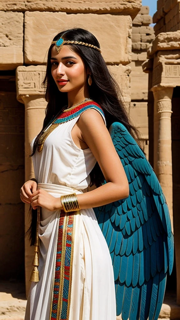 young Egyptian woman long hair blue red eyes in a beautiful dress with goddess wings in ancient Egypt reality