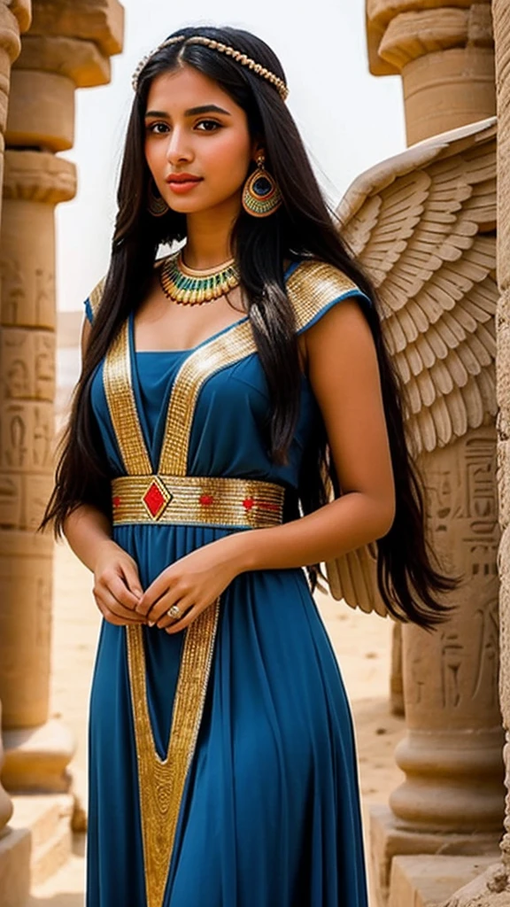 young Egyptian woman long hair blue red eyes in a beautiful dress with goddess wings in ancient Egypt reality
