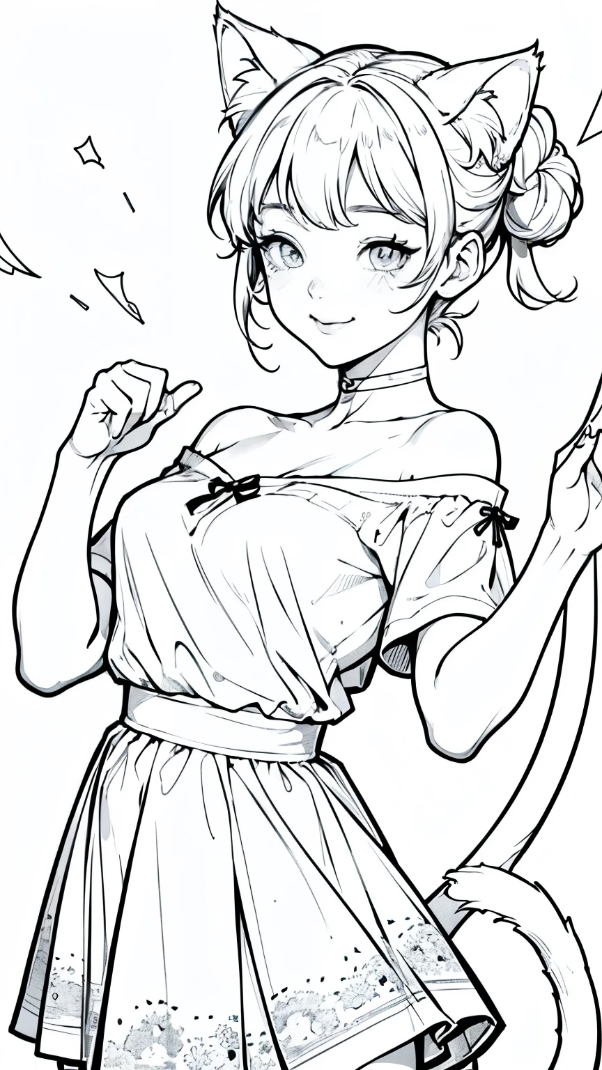 (Line art:1.4)、Monochrome、(No solid paint:1.4)、sketch、(Highest quality, masterpiece, High resolution)、(Anime Art)、(1 Girl)、Cat Costume、(Loose fitting T-shirt)、Loose fitting shirt、Off the shoulder、sexy mini dress、(Cat ear)、Bobcut、semi-long、Hair Bun、hair ornaments、choker、Cute facial details、Captivating smile、Small breasts、whole body、(Cat Pose)、Beckoning、play、dance、Cat jarashi、Confetti、ribbon、petal、candy、dancing、Crackers popping、((White Background))、