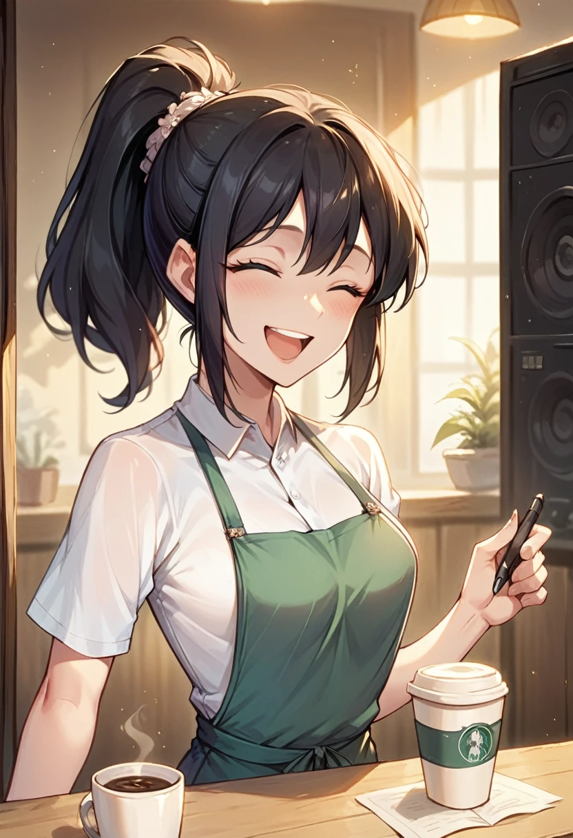 girl, black hair, Sister, She tied her hair into a ponytail，laugh at the speaker, High quality pictures, masterpiece, 美麗的girl, Coffee Shop,