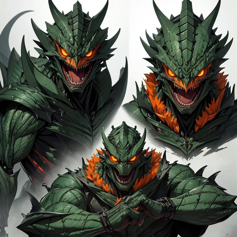 Absurdres, very detailed features, very detailed character, very detailed scene
1character, evil, biomechanic humanoid reptilian, sadist, lord, monster, green scales, 3 orange eyes, laughing 