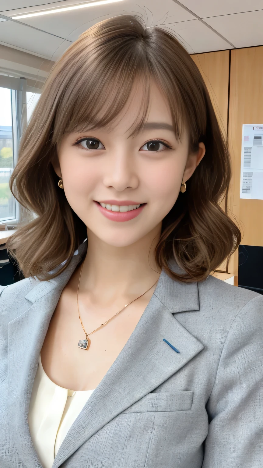 Highest quality:1.2), RAW Photos, High resolution, Very detailed, Intricate details, short hair、ear piercing、smile、Light brown hair、hair band、Wavy Hair、 (Front view, ), Clear beauty, Standing in office room, Upper Body, (High quality fabric, Office Lady Suit Fine Grain, Necklace around the neck、 face, indoor,