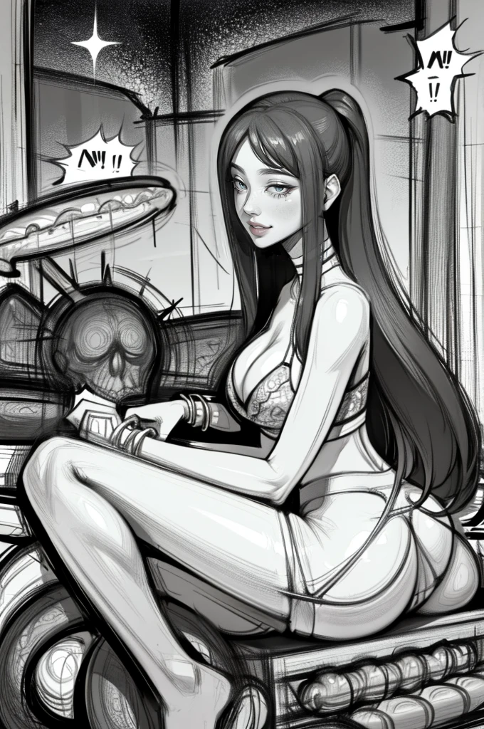 The beautiful girl in lace top and leggings is sitting astride a pile of skeletons in the center of the picture. She is holding a trembling sausage with juice squeezed out in her hand and smiling. There are multiple comic storyboards in the background,cbt, sausage bondage,sausage insertion,Sexy, trampling sausage with heel, thin gap:2,cameltoe:2,(masterpiece, best quality:1.2),1 beautiful girl,sexy,comic storyboard:2, leggings, sit astride, axially symmetrical:2, ,femdom,sounding,cbt,hold,smile,colorful,leggings,thin gap,cameltoe,insertion,trembling,juice,spray, Long hair,Lace top,Sexy, Shiny leggings, cleveage, trampling, in forest, saliva , Mucus,