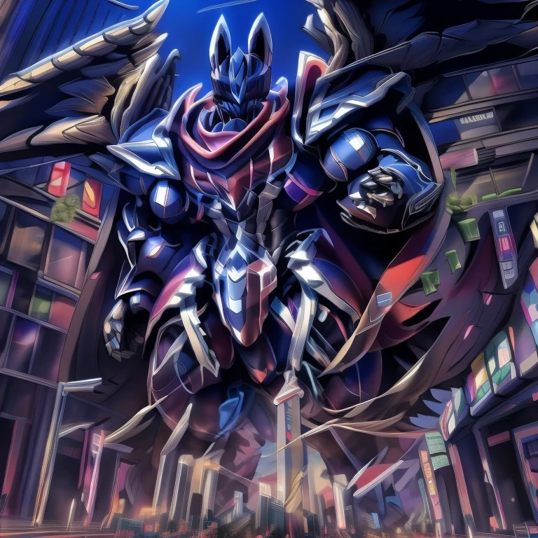 (masterpiece. official art. 8k. best quality. detailed full body. full body.)
(situation 1 : dominating LUCARIO. LUCARIO is over 1000 meters long. focus GIANT mechanical Muscular LUCARIO is trampling the city. Looking down. macro. stomp. Low-angle perspective. emphasizing the immense size.)
(situation 2 :smoke and flames rising from the destruction in the city)
(Additional details 1: BlackKnight_fe. Armor. Cape. Helmet. Sword. wearing a full-face helmet. high-tech bio-mecha armor. real texture material. whole body shines like metal. Wearing cyberpunk mecha. emphasizes the muscles. suit fully made of metal. intricate armor. Robotic suit. suit fully made of metal. cyborg. Powered exoskeleton with the same design as LUCARIO).
(Additional details 2: Detailed head. Detailed Body. Detailed abs. gigantic muscles. HYPER MUSCLES. Gigachad Muscular. big muscle. pecs. triceps. traps. unusually developed muscular body. body full of huge muscles. showing off muscles. pectorales enormes. Exaggeratedly huge muscles. huge muscles. long legs.).
(Additional details 3: nj5furry, Spread wings. It has wings. black have big wings. The claws are sharp. Sharp teeth.).
(Additional details 4: tiny thong, metallic color: jet black thong. bulge in the crotch.)