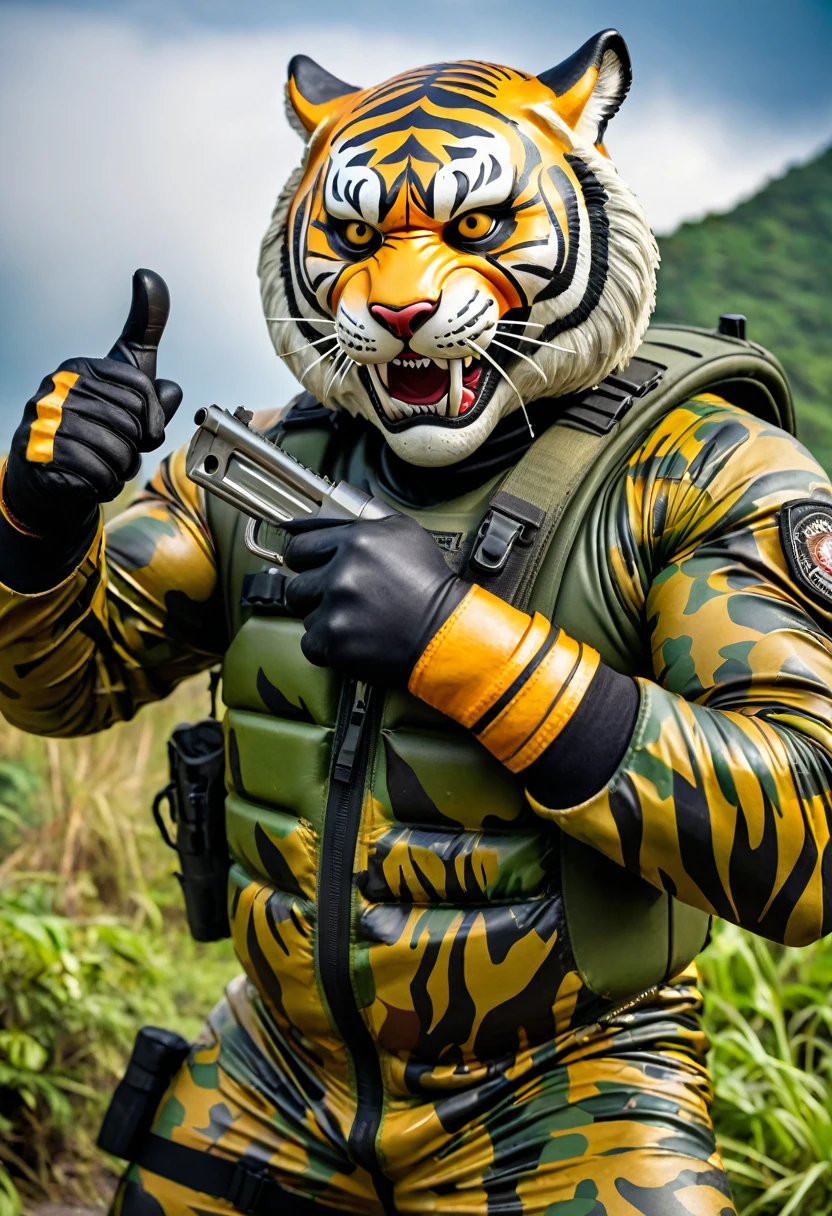 (a dark-skinned fat muscular old man in a bulky army camouflage zipper diver suit) shooting with a rifle and doing thumbs up pose, (wearing realistic roaring siberian tiger mask), muscular, Bruce Onobrakpeya, sumatraism, stanley artgermm, action, heroic, fierce, snarling
