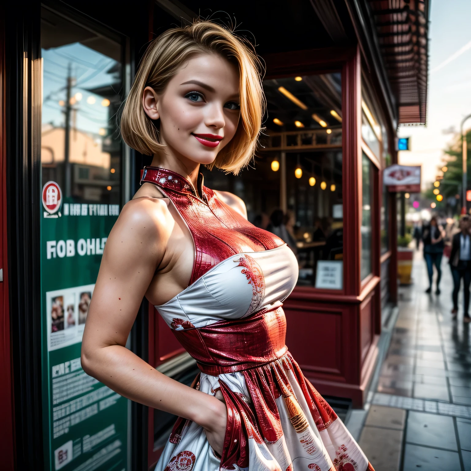 (masterpiece, photorealistic:1.4, extremely intricate:1.3, radiosity, photon mapping, dtx), ((20 year old athletic teenage supermodel, (smiling, happy, long eyelashes, makeup:1.2), (((red white chinoiserie dress))), side view:0.8 red lips)), ((([skin detail:freckles:0.7], portrait))), outdoor, crowded street, restaurant, coffee, professional photograph, (((short bob [blonde hair:ginger hair:0.2])), wind), BREAK ((sunset, ((film grain))), bokeh), BREAK, ((([medium breasts:large breasts:0.8])))
