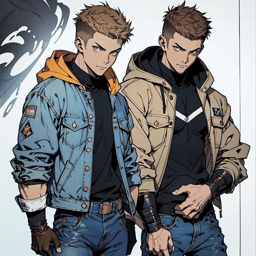  Human Male 21 year old, clear  skin , Brown fade haircut, Dark pupils, wearing hoodie,wearing Pants , wearing Denim Jacket , wearing fighting gloves , Concept art, manga Style ,