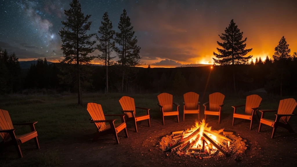 A vibrant and lively bonfire at night, flames dancing and crackling against a dark sky. The fire is large, with bright orange and yellow flames reaching up and casting a warm glow on the surrounding area. The bonfire is surrounded by a circle of stones, with a few large logs feeding the flames. In the background, there are silhouettes of trees and a starry sky. The scene is peaceful and atmospheric, focusing solely on one bonfire. Ensure no people, chairs, or any other objects are visible in the image.