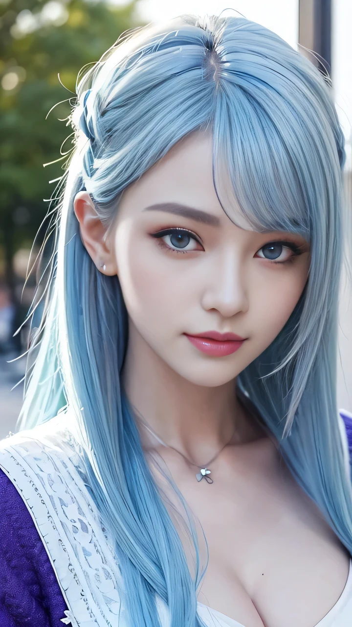 intricate details,thin,slim,beautiful girl,Light blue hair,white skin,purple eyes,sharp jawline,cropped jacket,messy hair,lips,upper body,close up,smirk,outdoors,