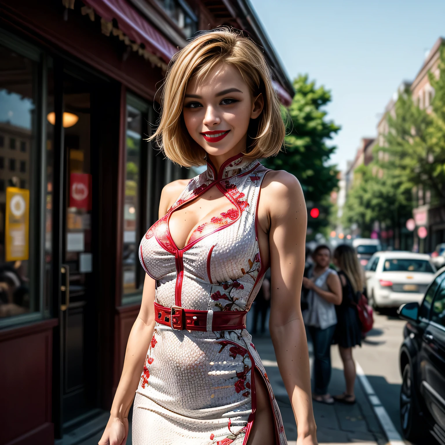 (masterpiece, photorealistic:1.4, extremely intricate:1.3, radiosity, photon mapping, dtx), ((20 year old athletic teenage supermodel, (smiling, happy, long eyelashes, makeup:1.2), (((red white chinoiserie dress))), side view:0.8 red lips)), ((([skin detail:freckles:0.7], portrait))), outdoor, crowded street, restaurant, coffee, professional photograph, (((short bob [blonde hair:ginger hair:0.2])), wind), BREAK ((sunset, ((film grain))), bokeh), BREAK, ((([medium breasts:large :0.8])))
