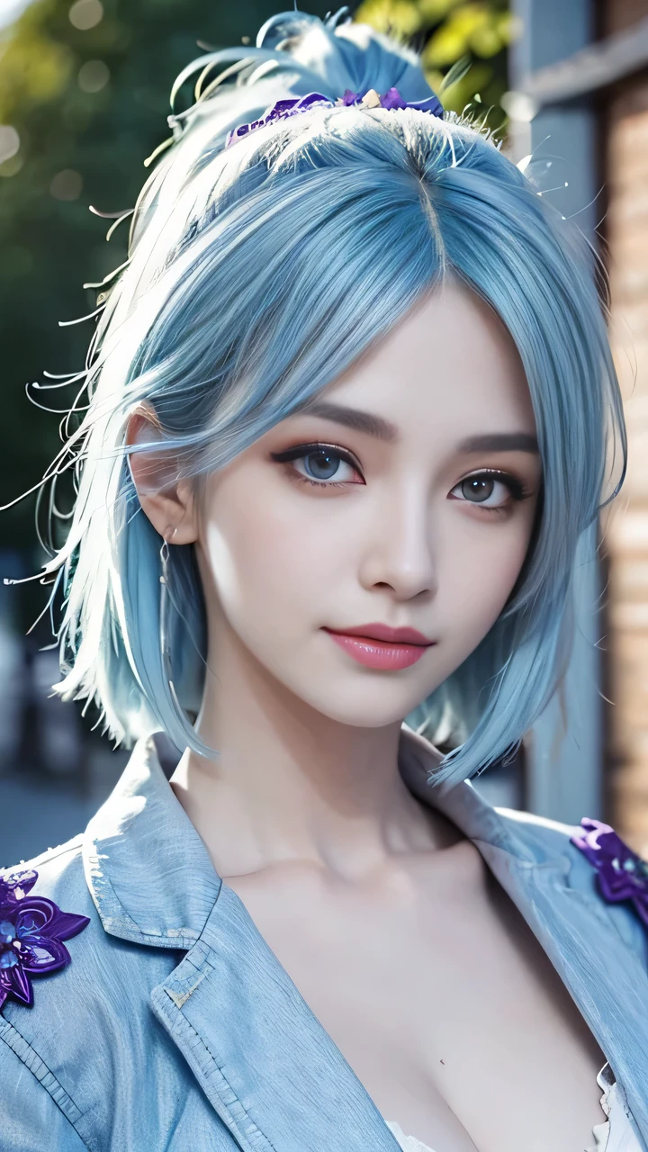 intricate details,thin,slim,beautiful girl,Light blue hair,white skin,purple eyes,sharp jawline,cropped jacket,messy hair,lips,upper body,close up,smirk,outdoors,