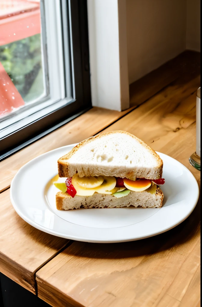 high qualiy, photo taken as an afternoon snack, a plate with fruit, a plate with natural sandwich, glass of juice, wood desk, white wall and vintage window background