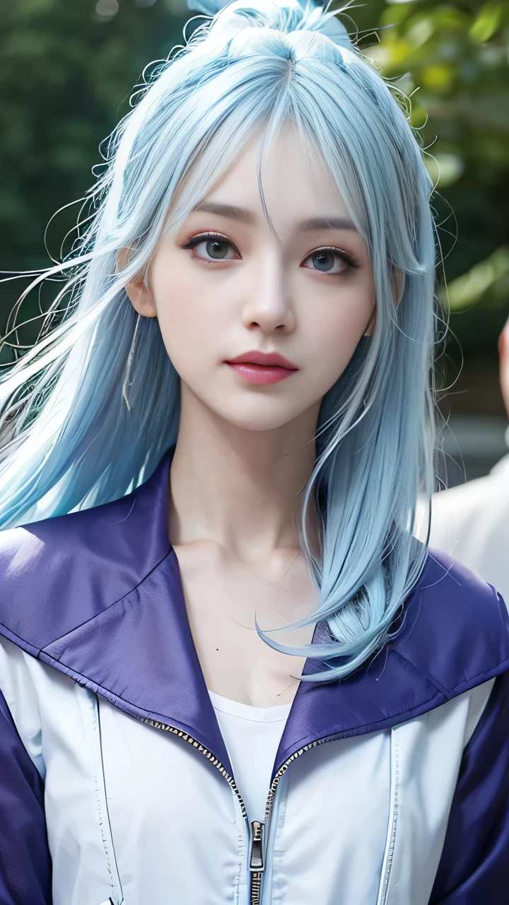 intricate details,thin,slim,beautiful girl,Light blue hair,white skin,purple eyes,sharp jawline,cropped jacket,messy hair,lips,upper body,close up,smirk,outdoors,