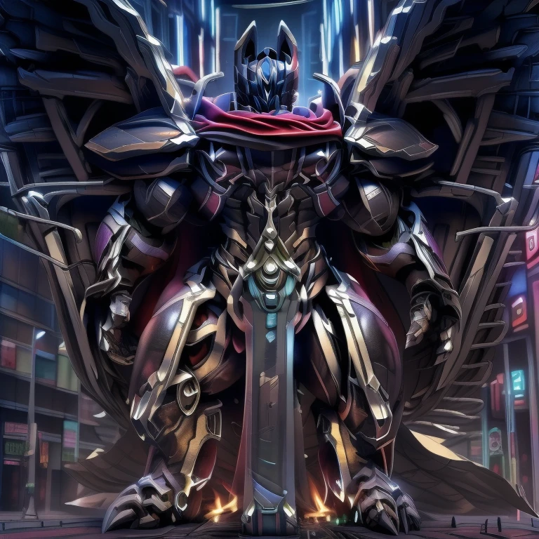 (masterpiece. official art. 8k. best quality. detailed full body. full body.)

(situation 1 : dominating LUCARIO. LUCARIO is over 1000 meters long. focus GIANT mechanical Muscular LUCARIO is trampling the city. Looking down. macro. stomp. Low-angle perspective. emphasizing the immense size.)

(situation 2 :smoke and flames rising from the destruction in the city)

(Additional details 1: BlackKnight_fe. Armor. Cape. Helmet. Sword. wearing a full-face helmet. high-tech bio-mecha armor. real texture material. whole body shines like metal. Wearing cyberpunk mecha. emphasizes the muscles. suit fully made of metal. intricate armor. Robotic suit. suit fully made of metal. cyborg. Powered exoskeleton with the same design as LUCARIO).

(Additional details 2: Detailed head. Detailed Body. Detailed abs. gigantic muscles. HYPER MUSCLES. Gigachad Muscular. big muscle. pecs. triceps. traps. unusually developed muscular body. body full of huge muscles. showing off muscles. pectorales enormes. Exaggeratedly huge muscles. huge muscles. long legs.).

(Additional details 3: nj5furry, Spread wings. It has wings. black have big wings. The claws are sharp. Sharp teeth.). 

(Additional details 4: tiny thong, metallic color: jet black thong. bulge in the crotch.)