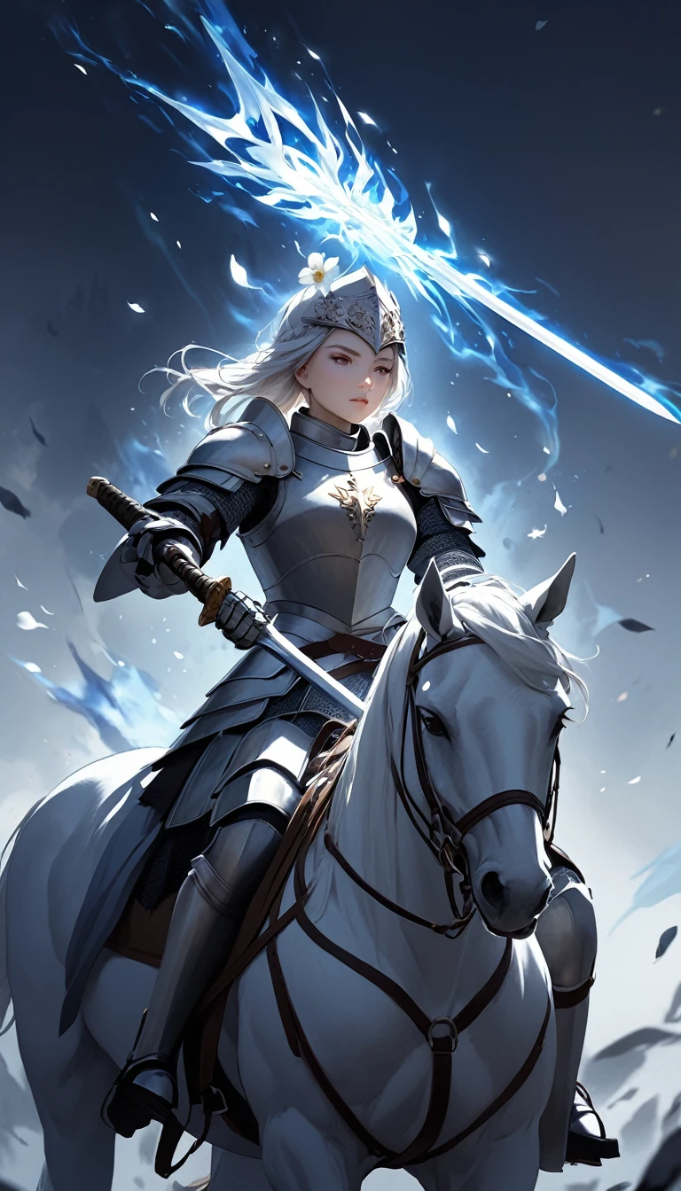 A female knight on horseback. She is holding a sword. A white flower on her head. The sword has a glowing aura. The background is black.