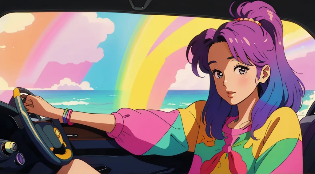 masterpiece, Highest quality, Rainbow Style, anime, Beautiful Asian Girl, K-Pop aesthetics and style, Sitting in a car, 80s American hippie style, Along the Hawaiian Coast, Cute and dreamy,anime,Illustrator,LOFI Girl,