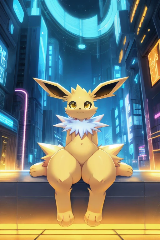 Jolteon, anthro, young, yellow body fur, yellow eyes, detailed body fur, detailed face, detailed eyes, glistering body, shiny body, gorgeous body, masterpiece, high quality, feets whit three toes, sitting, cyber city, electric, clear sky, :3, full body, wide hips, huge ass