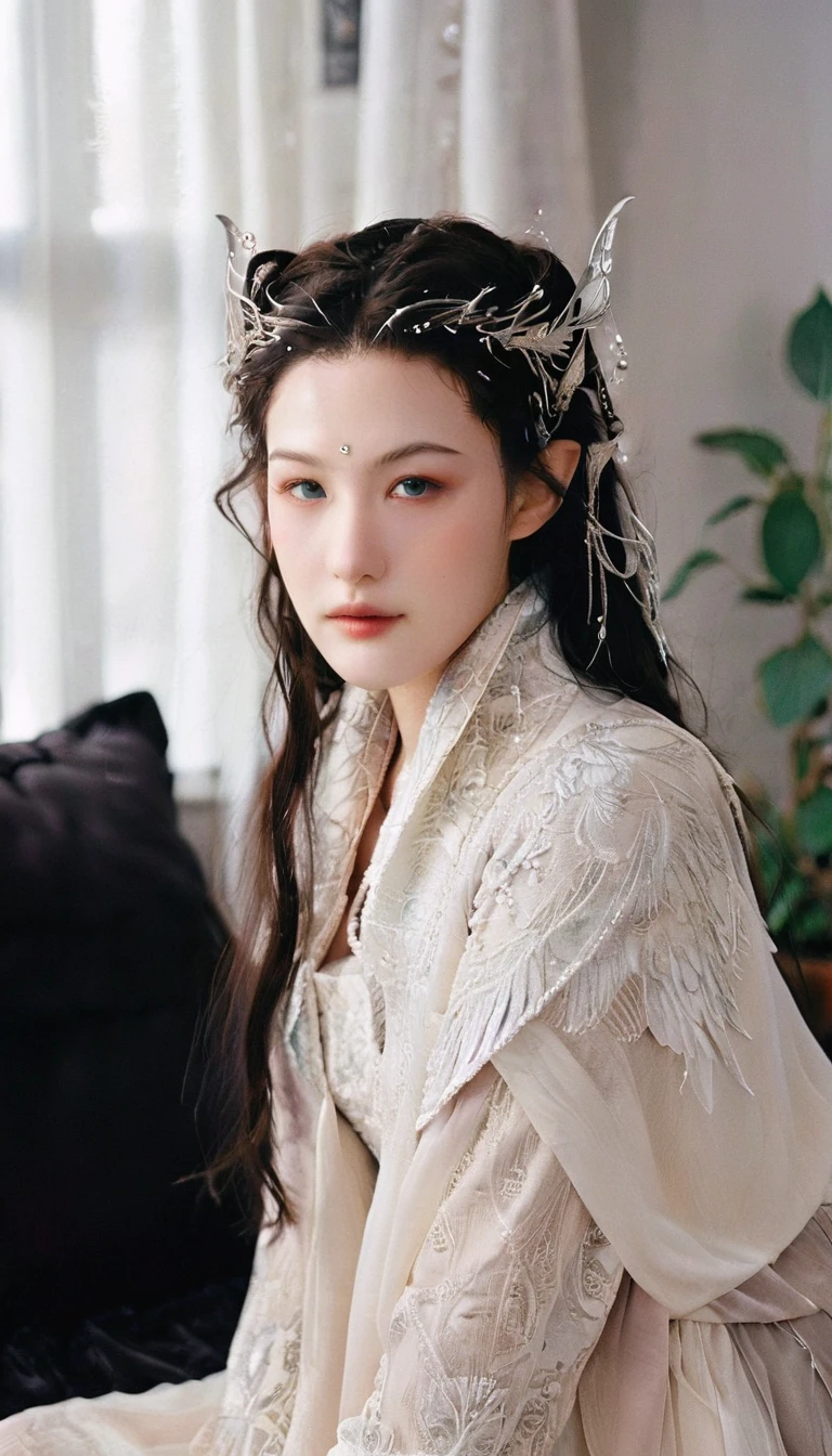 bird’s eye view fashion photoshoot of a cute beautiful face eccentric artistic young japanese woman,(realistic beauty skin, beauty detailed face, winged eyes), liv_arwen, in haute couture, posing in a white modern living room, black and brown pastel colors, 35mm photography