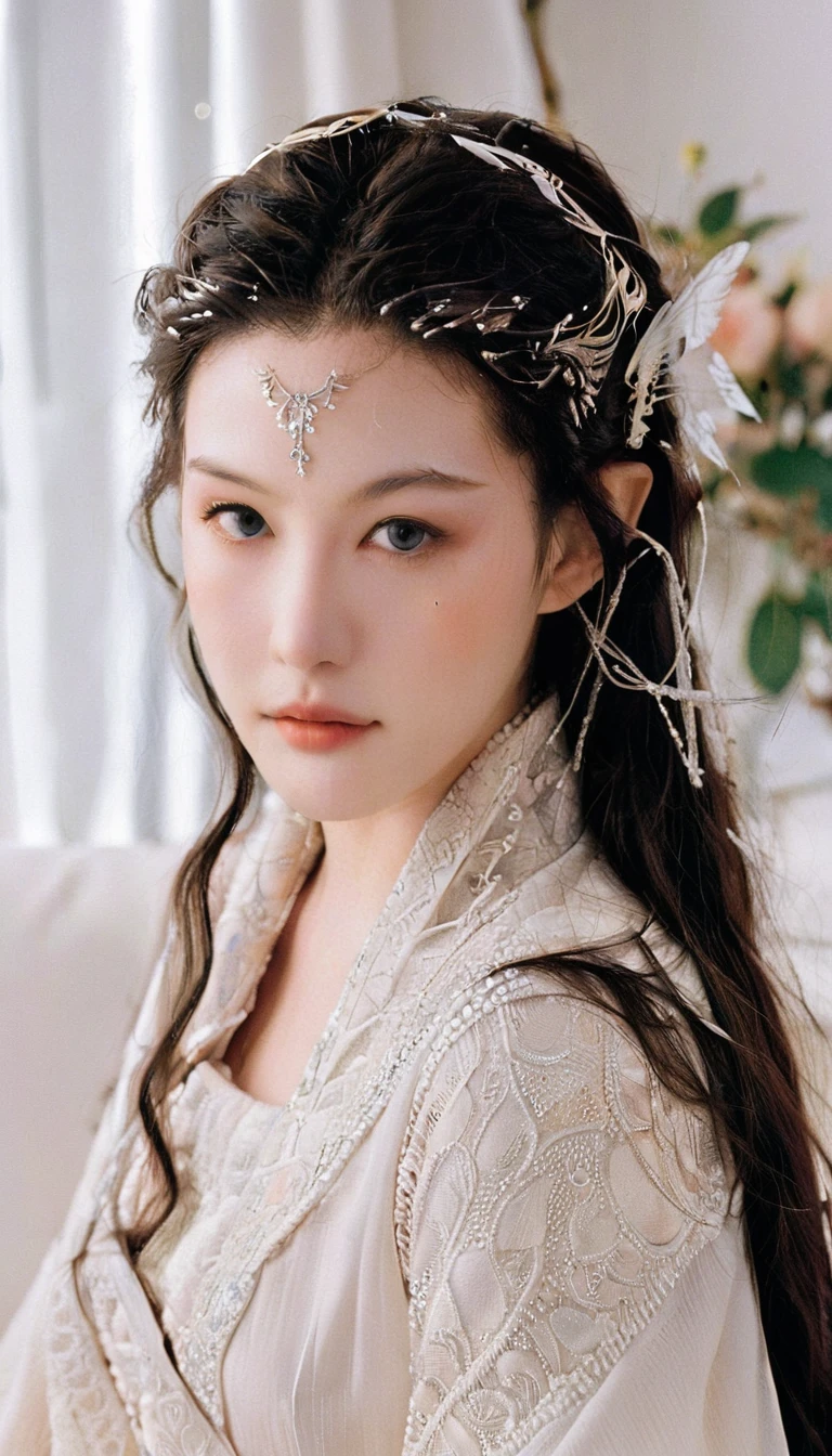 bird’s eye view fashion photoshoot of a cute beautiful face eccentric artistic young japanese woman,(realistic beauty skin, beauty detailed face, winged eyes), liv_arwen, in haute couture, posing in a white modern living room, black and brown pastel colors, 35mm photography