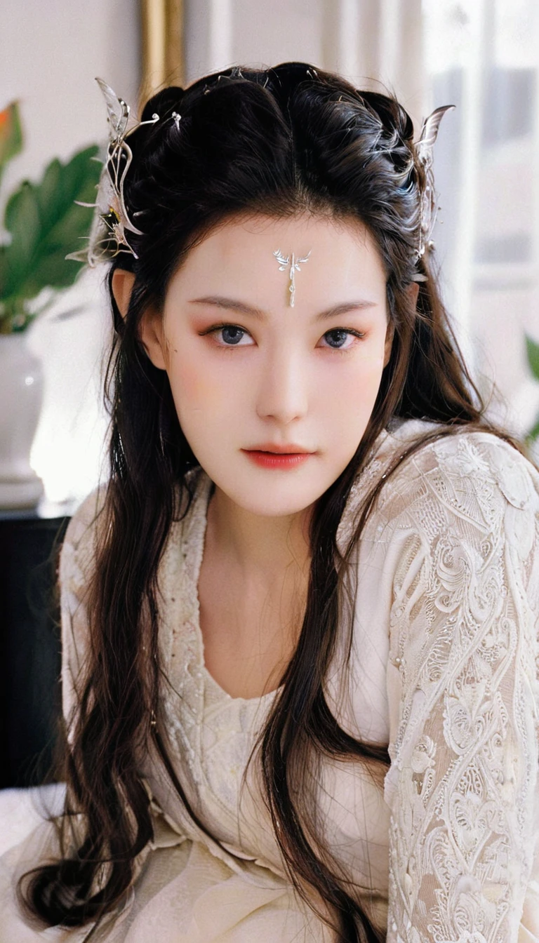 bird’s eye view fashion photoshoot of a cute beautiful face eccentric artistic young japanese woman,(realistic beauty skin, beauty detailed face, winged eyes), liv_arwen, in haute couture, posing in a white modern living room, black and brown pastel colors, 35mm photography