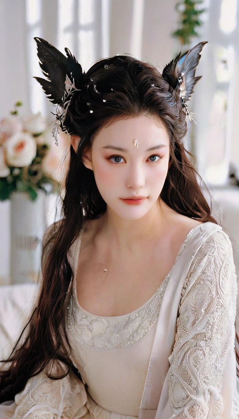 bird’s eye view fashion photoshoot of a cute beautiful face eccentric artistic young japanese woman,(realistic beauty skin, beauty detailed face, winged eyes), liv_arwen, in haute couture, posing in a white modern living room, black and brown pastel colors, 35mm photography