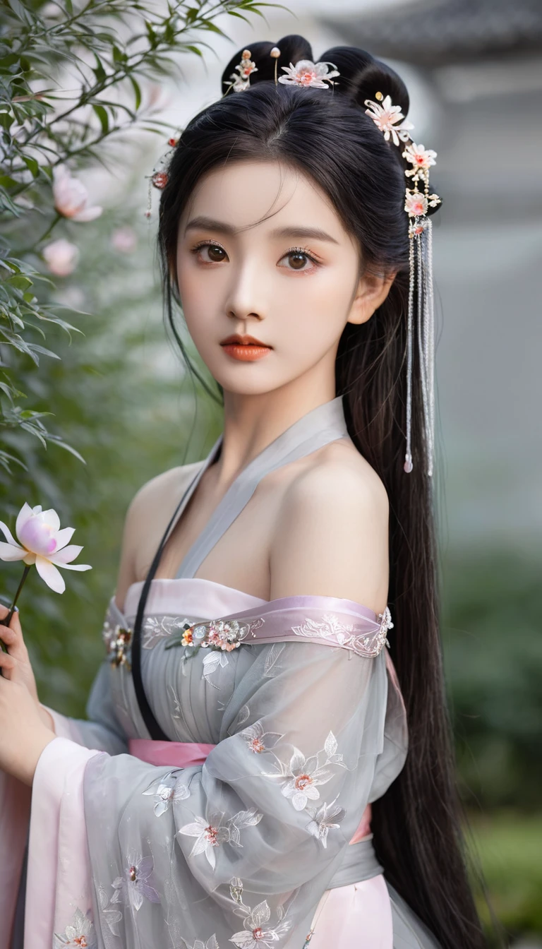 (***********: 1.5), Lace, Ribbon, Hanfu, (masterpiece, Side Light, Beautifully and beautiful gray eyes: 1.2), masterpiece, Practical, Glowing eyes, Shiny hair, Black Hair, Long hair, Glowing skin, Solitary, Awkward, Strapless, Beautifully, beautiful, garden, Flowers, Flower petals flutter,