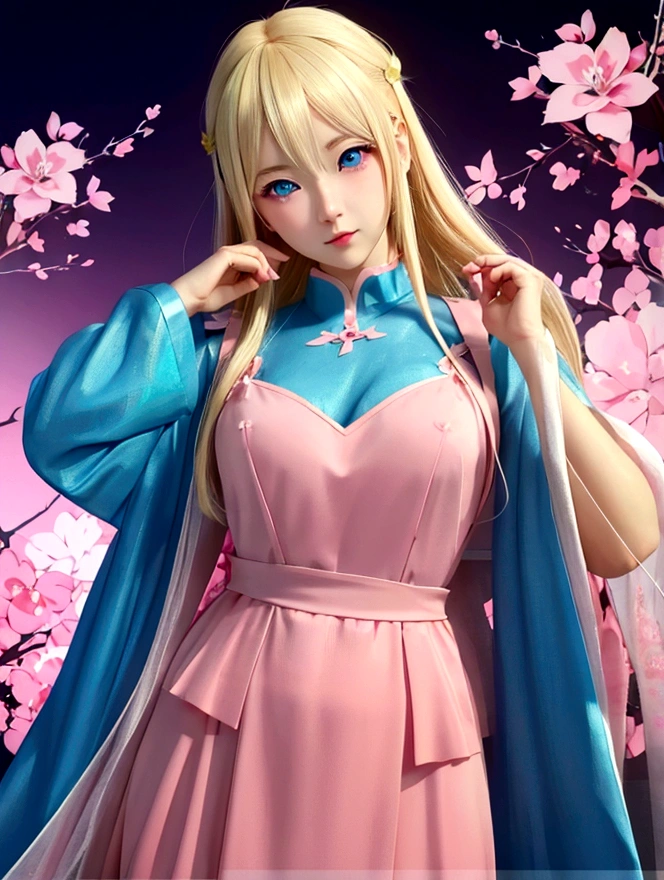 Blonde blue-eyed anime girl in pink and blue dress, Digital Anime Illustration, Anime style. 8K, Anime styled digital art, Artwork in the style of Guweiz, Kawaii realistic portrait, Anime style portrait, Ilya Kuvshinov. 4K, Digital Animation Art, Anime style 4K, digital art Ilya Kuvshinov