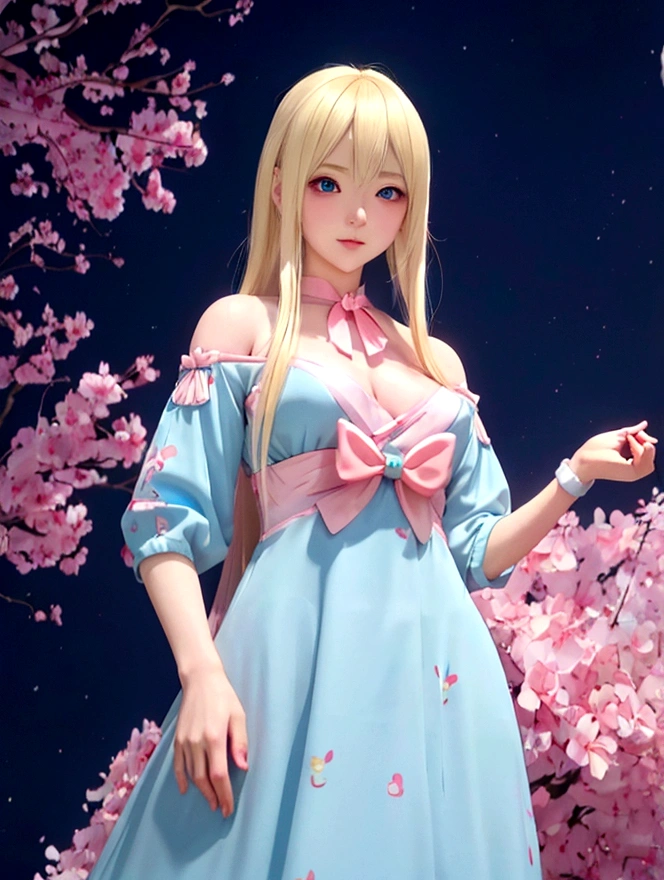 Blonde blue-eyed anime girl in pink and blue dress, Digital Anime Illustration, Anime style. 8K, Anime styled digital art, Artwork in the style of Guweiz, Kawaii realistic portrait, Anime style portrait, Ilya Kuvshinov. 4K, Digital Animation Art, Anime style 4K, digital art Ilya Kuvshinov