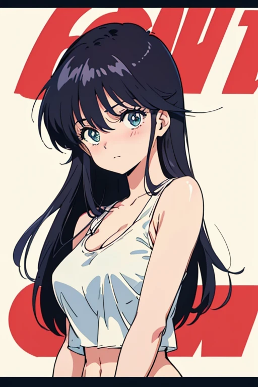 (masutepiece, Best Quality, High resolution:1.5, anime colours, megami magazine:1.2, anime poster style, anime keyvisual, sharp, 8k, photorealistic), (beautiful detailed eyes:1.5, beautiful detailed face:1.2), madoka ayukawa, 1girl, blush, (black hair, Long Hair), (sagging huge breasts), (tank top), upper body, (Perfect detailed Anatomy, beautiful detailed hair, beautiful detailed body:1.2, shiny skin), (thick outline, Beautiful outlines, black outlines), simple background