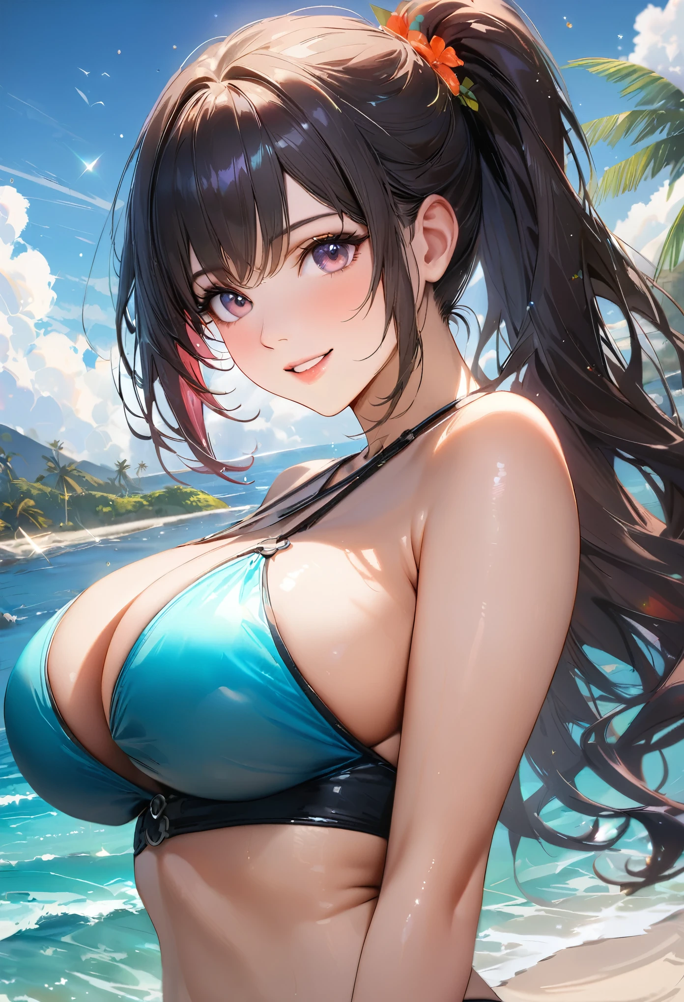 Shining Sea, Clear sky with white clouds, Palm trees along the coast, Blur the background,Pleasant sea breeze,high school girl,Big Breasts,Swimwear,ponytail,smile,Glitter effect,Highest quality, 8K, High resolution, masterpiece:1.2, Very detailed, Realistic:1.37, High resolution, 超High resolution, Ultra-fine painting, Very detailed, Professional, Vibrant colors