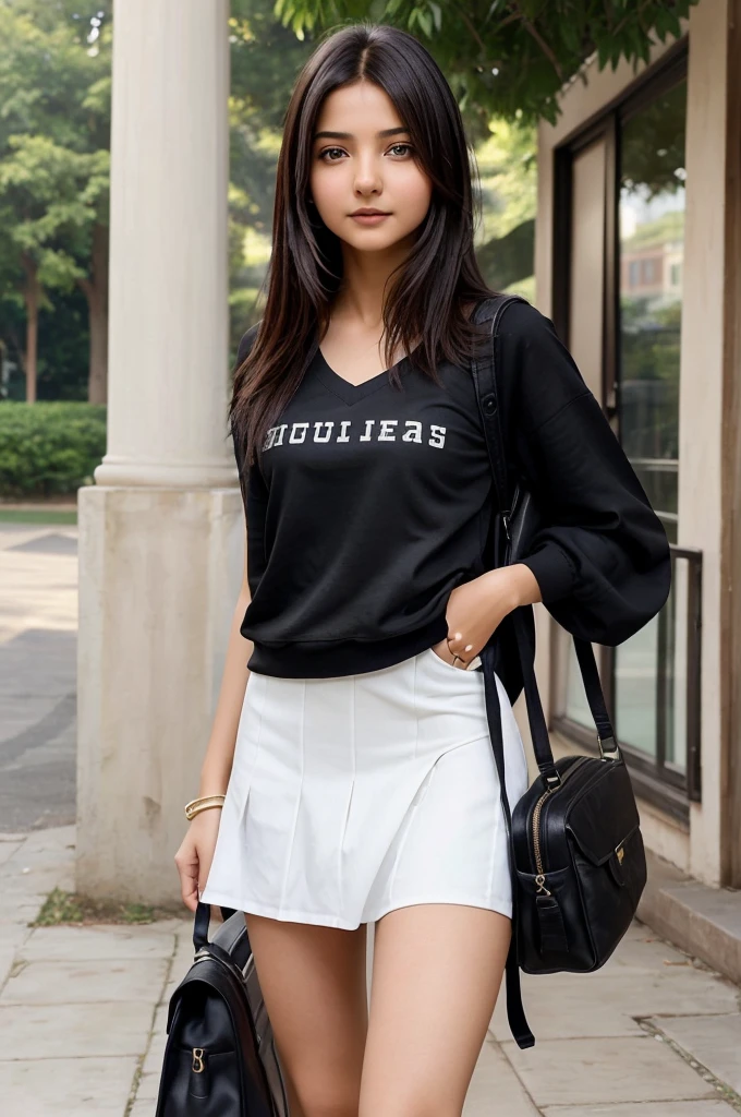 A realistic depiction of an 18-year-old girl resembling Anushka Sharma. She has beautiful eyes, black hair, and is wearing a college dress. The girl exudes a sense of elegance and youthful charm, capturing the essence of a vibrant and confident college student.his dress black sute and wearing a college bag