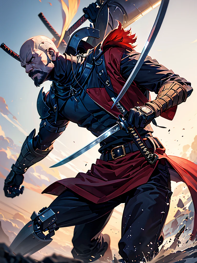 Unshaven adult man, western clothes, using a katana, fighting a Robot that also uses a katana