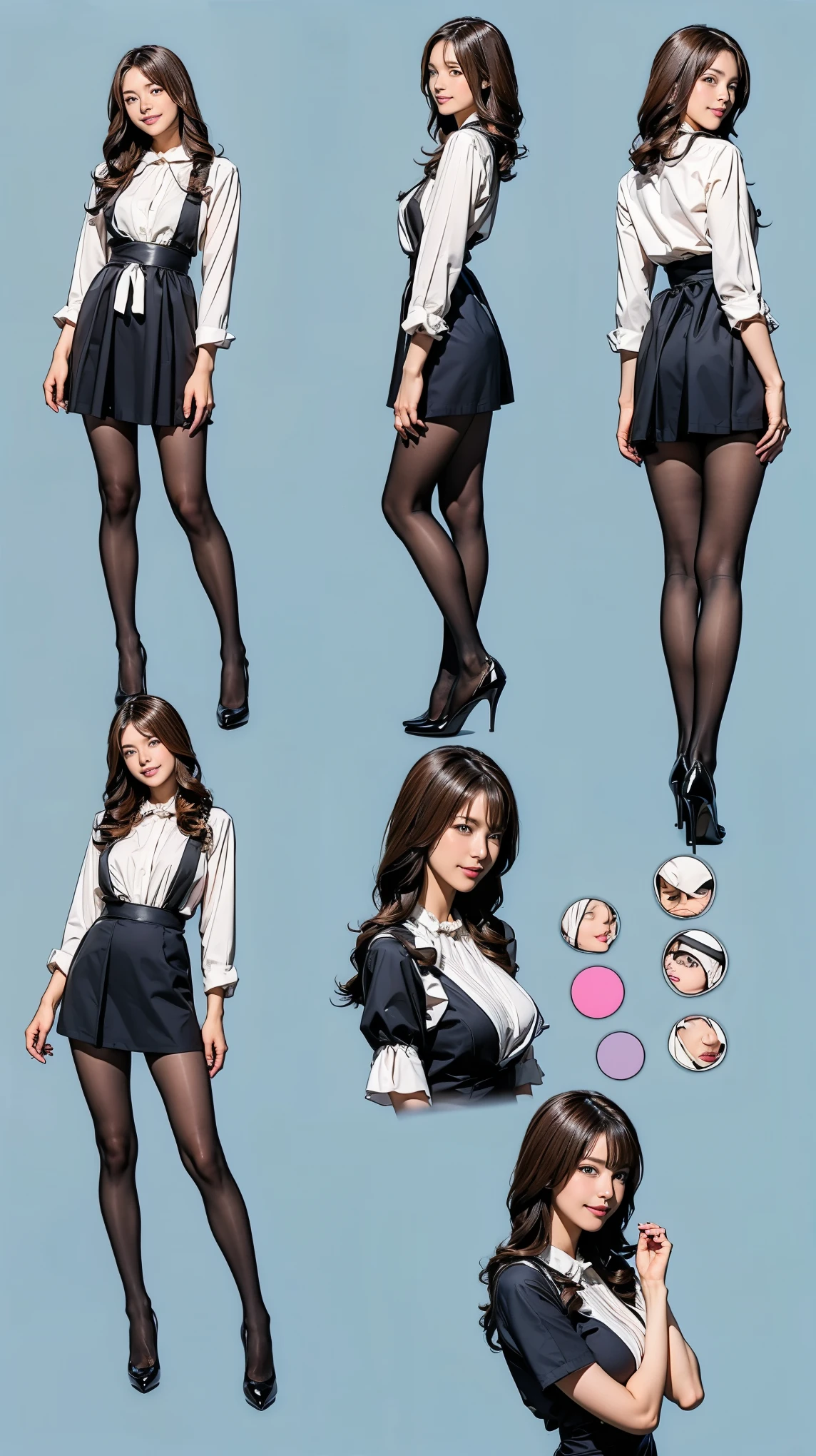 ((masterpiece)),(((Highest quality))),((Character design sheet)),Thin thighs,Long legs,Bunny girl in a sexy light blue maid outfit:1.5，wear black tights:1.5，The best smile:1.5，Full Body Shot:1.5，Gray background:1.5，Wearing black high heels:1.5，short side waves:1.5，