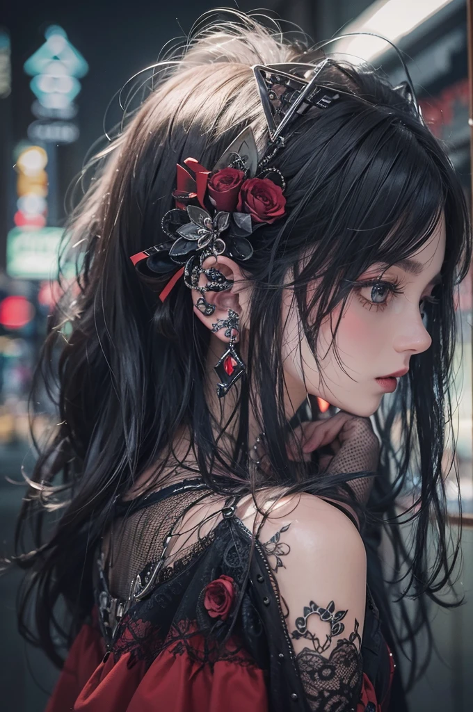 Highest quality、、masterpiece:1.3、Gothic Punk、The inner color is red、Gray Black Hair、hair ornaments、beautiful girl、creative、Punk Shirt、Neogoth、Goth Fashion:1.2、High resolution、masterpiece、Highest quality、頭w:1.3、((Hasselblad Photos))、Fine skin、Sharp focus、(Cinema Lighting)、Explore Tokyo'The city at night beyond the neon lights, Forehead open, 26 years old、Petting'Hair back、Shoulder Bare、Small red rose tattoo on the décolletage、Just one tattoo