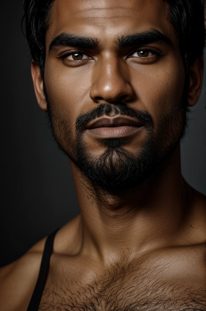 Chalkboard poster of a dark man, thick black eyebrows, thick lips, light brown eyes, black hair