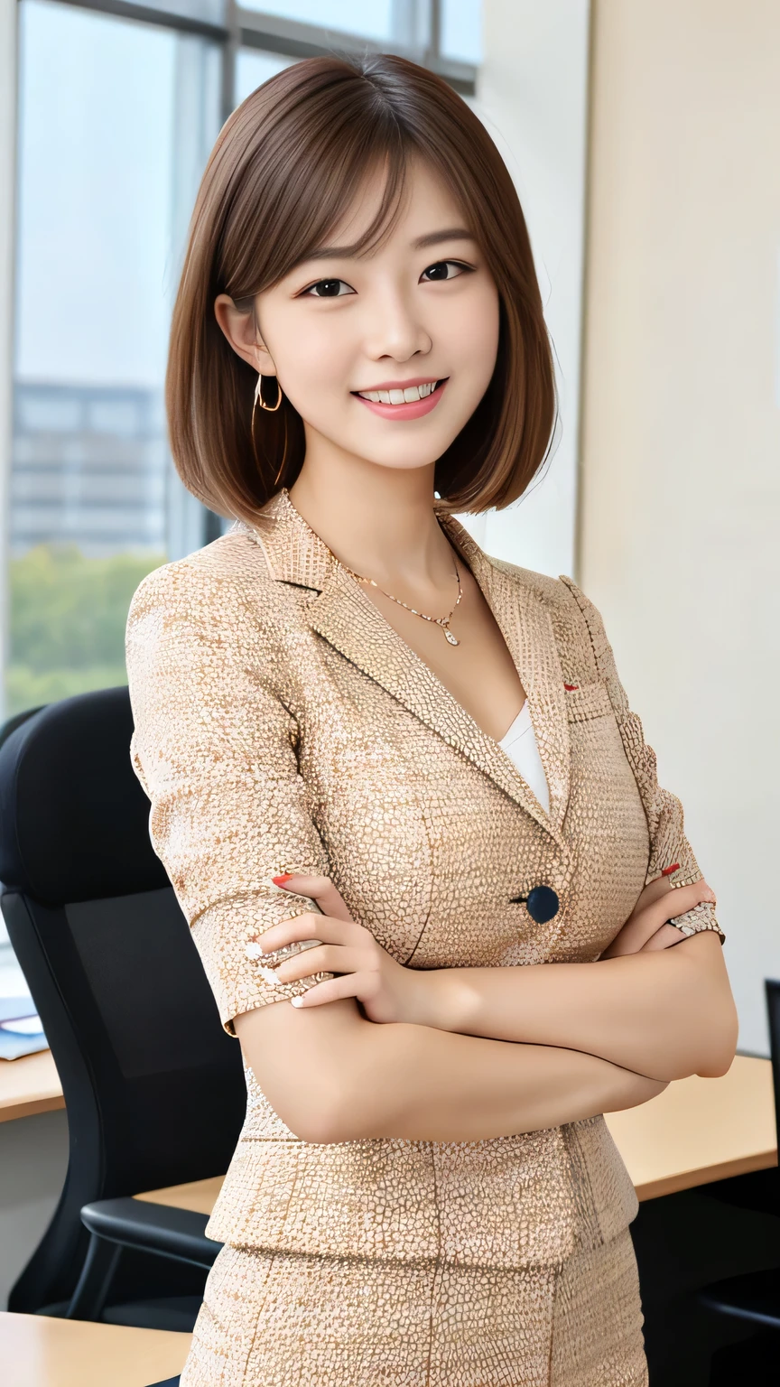 Highest quality:1.2), RAW Photos, High resolution, Very detailed, Intricate details, short hair、ear piercing、smile、Light brown hair、hair band、 (Front view, ), Clear beauty, Standing in office room, Upper Body, (High quality fabric, Office Lady Suit Fine Grain, Necklace around the neck、 face, indoor,
