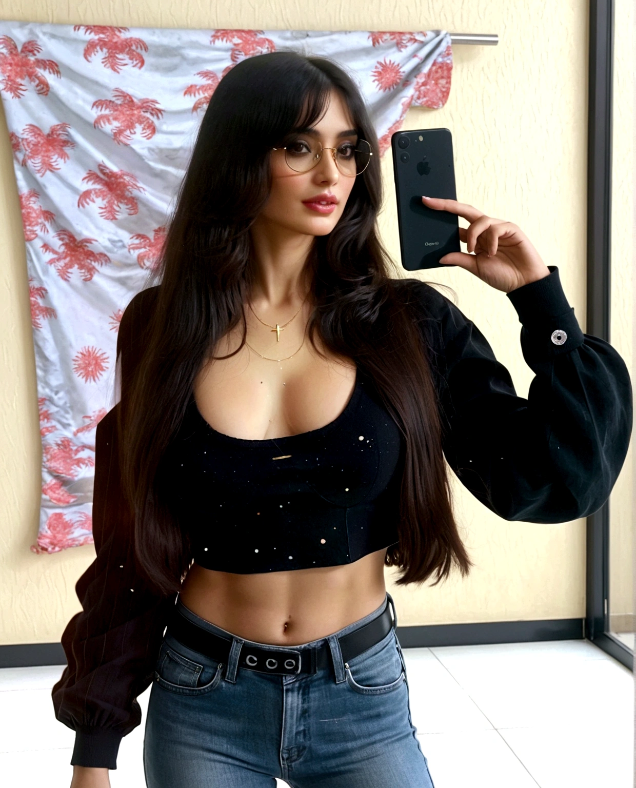"A young adult Latina woman with long black hair styled in curtain bangs, very beautiful, with medium-sized, pointed breasts, thin legs, a small butt, slightly full lips, and large brown eyes. She is wearing jeans and a short black blouse with no neckline. She also has aviator-style glasses."