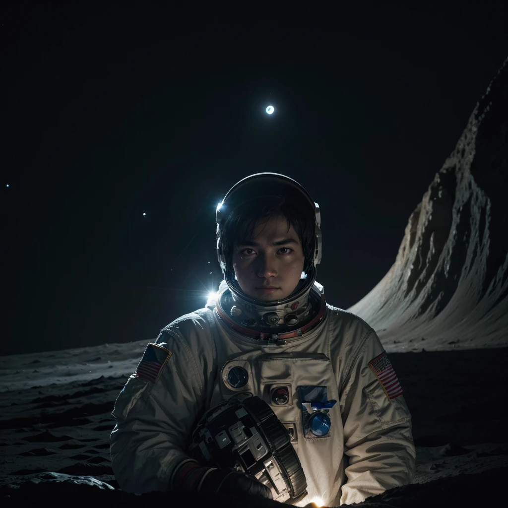 The astronaut on the surface of the moon with surface and craters illuminated by the sun, he is looking at the earth on the horizon of the moon, and in the background the universe shining with nebulae, planets and stars