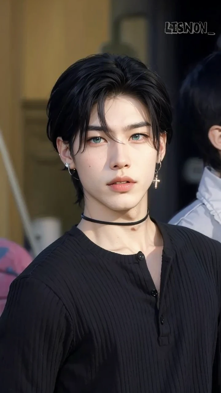 4K quality, realist, dark green eyes, a male person with mixed features between Asian and European, just as seen in the photo, remember it's Ricky from zb1.