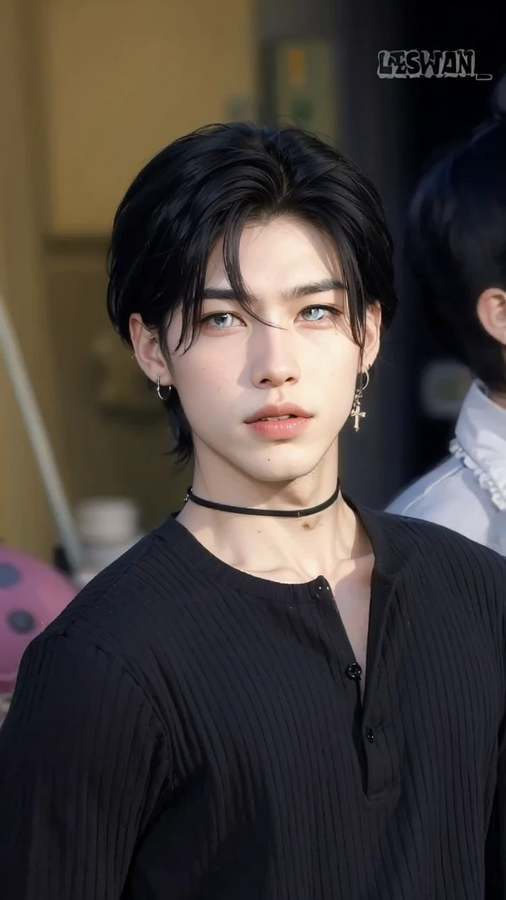4K quality, realist, dark green eyes, a male person with mixed features between Asian and European, just as seen in the photo, remember it's Ricky from zb1.