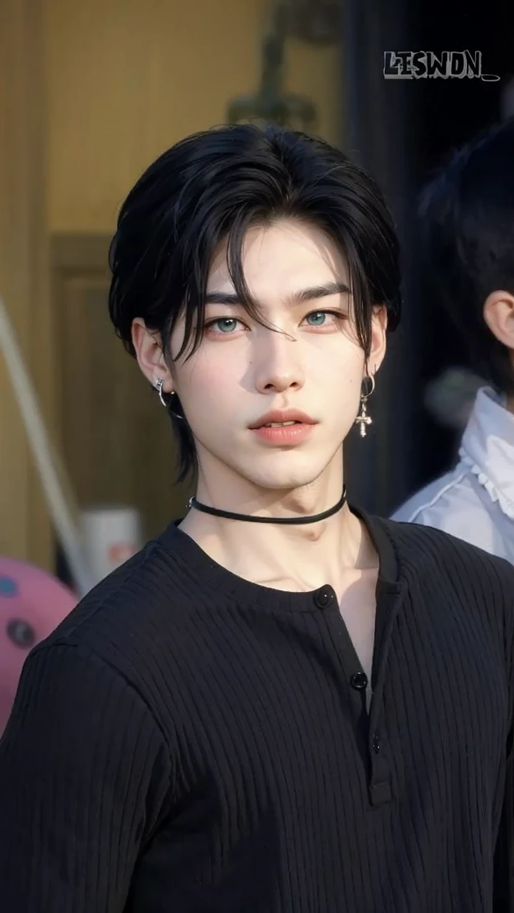 4K quality, realist, dark green eyes, a male person with mixed features between Asian and European, just as seen in the photo, remember it's Ricky from zb1.