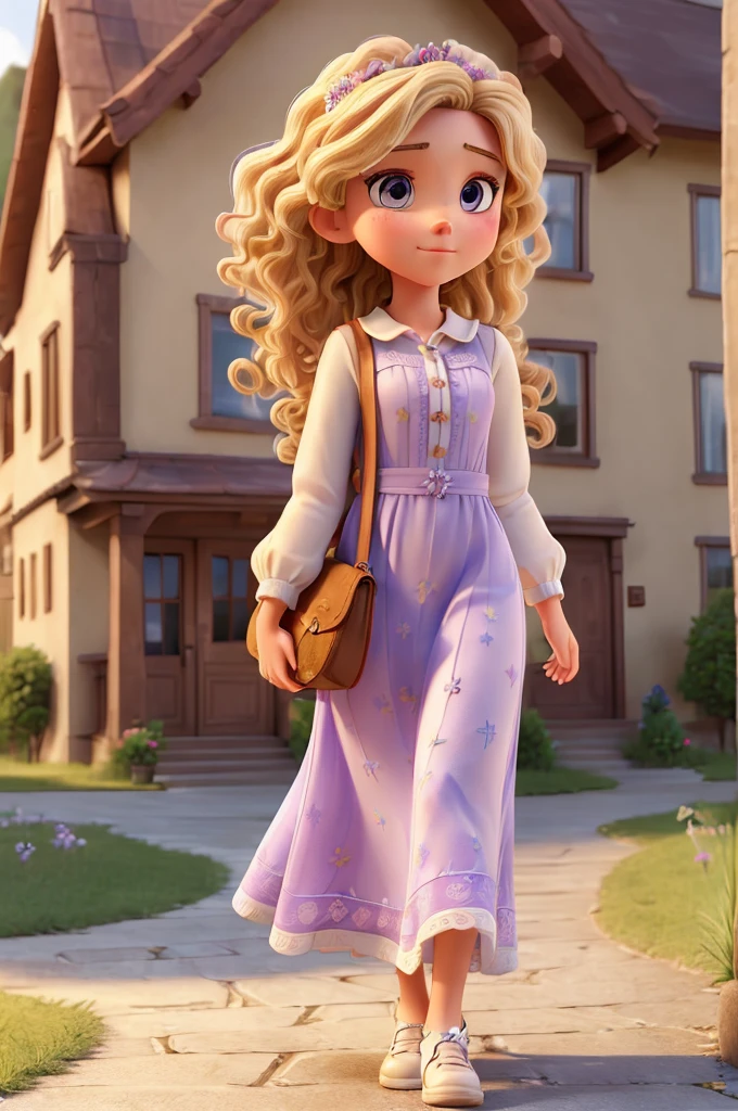 ((best quality)), ((masterpiece)), (detailed), perfect face Drawing 1 girl with white skin, blonde curly hair, Lilac Long Dress, 1 bag in hand, walking in street, Scenery with houses.