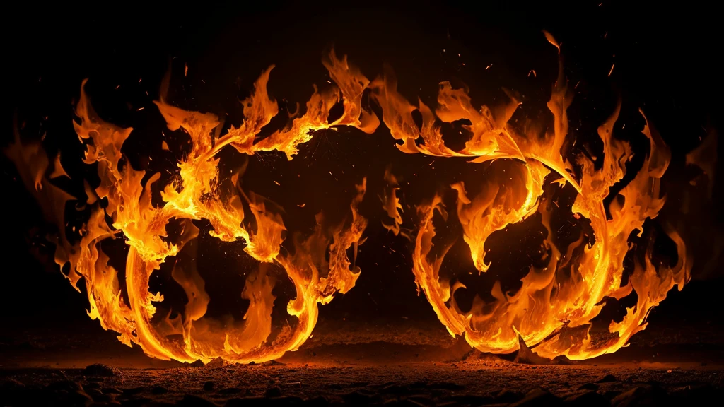 A detailed and dynamic image of bright orange and yellow flames, dancing and flickering against a dark background. The flames are sharp and vivid, with intricate details in the shapes and movements of the fire. The image should focus solely on the flames, with no additional objects or background elements.