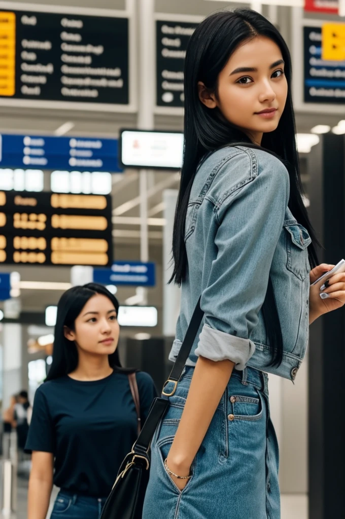 A woman with tender skin the color of bread and green almond eyes, and she had straight black hair down to her back in an airport and a man appreciating her beauty 