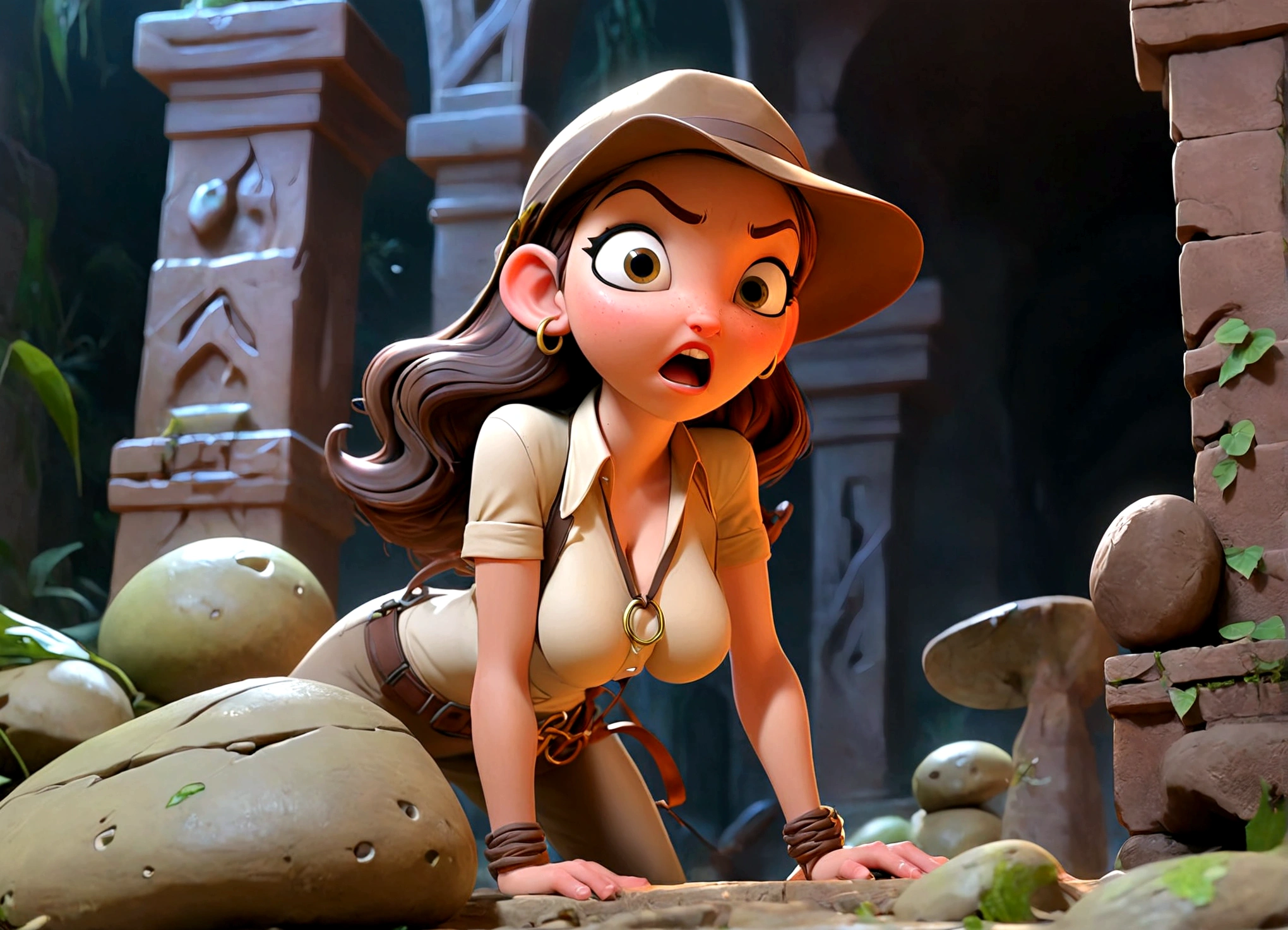 A lovely female indiana Jones (sexy explorer outfit), has discovered the throne chamber in an ancient ruin. (Eldritch symbols cover the odd obsidian wall partly obscured by slimes, molds, and fungus), (A throne of power(made of bone and gold pulsing with evil energy, its guardian is an enormous eldritch horror with many slimy tentacles and an enormous maw) beckons to her to approach the empty throne.