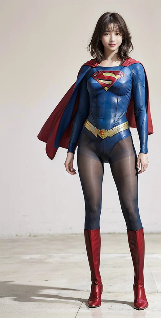 No background、(((Beautiful legs in black tights.)))、(((Legally express the beauty of your smile)))、((((Make the most of your original images)))、(((Supergirl Costume)))、(((Beautiful very short hair)))、(((suffering)))、(((Please wear black tights....、Wear red boots)))、((Best image quality、8K))、((Highest quality、8K、masterpiece:1.3))、(((Preserve background )))、Sharp focus:1.2、Beautiful woman with perfect figure:1.4、Slim Abs:1.2、Wet body:1.5、Highly detailed face and skin texture、8K